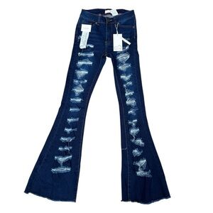 NWT Vince Blue New York Distressed Dark Wash High Rise Flare Jeans Size 3